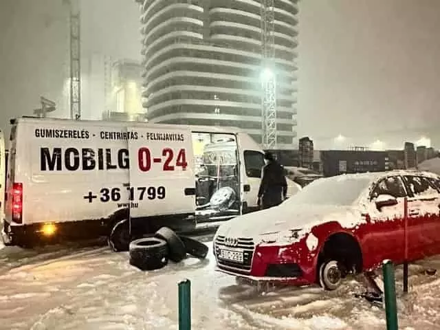 Téli gumiváltás Budapesten havazáskor Téli átgumizás Budapesten hirtelen jött havazáskor